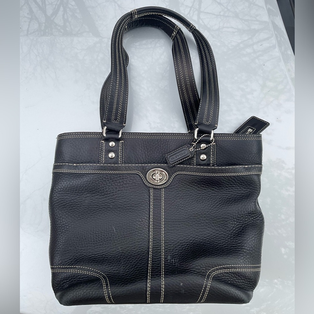 Coach Black Leather Tote with Contrast Stitching few scratches red interior chic
